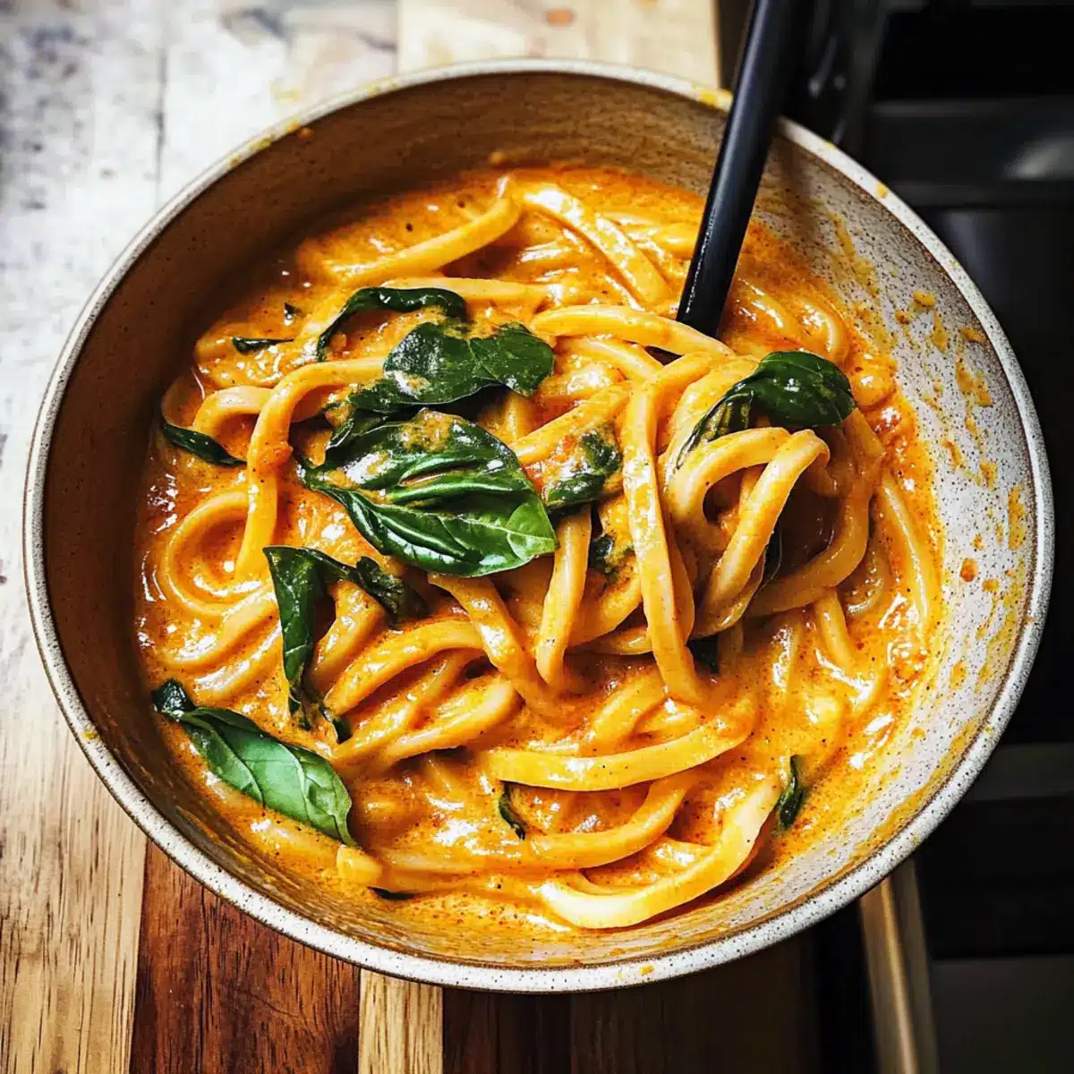 Cremige thailändische rote Curry Udon-Nudeln