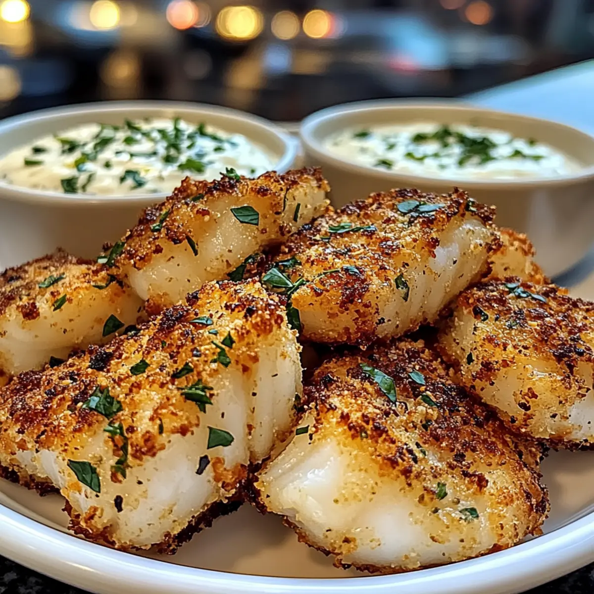 Crispy Garlic Cod Bites mit cremigem Zitronenkräuter-Dip