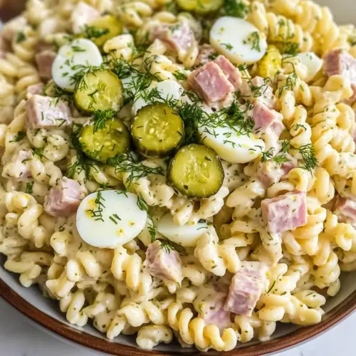 Dillgurken-Eier Salat Pasta mit Schinken
