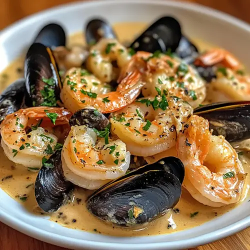 Garnelen und Muscheln in cremiger Knoblauchsauce
