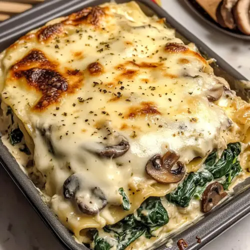 Weiße Lasagne mit Spinat und Pilzen