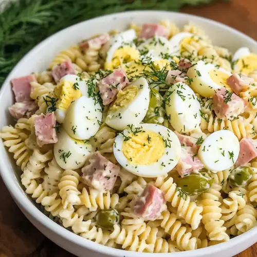 Gewürzgurkensalat mit gefüllten Eiern und Schinken
