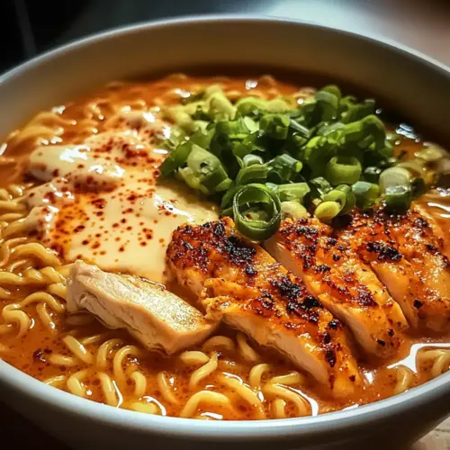 Feuriges Hühnchen Ramen mit cremiger Knoblauchsoße