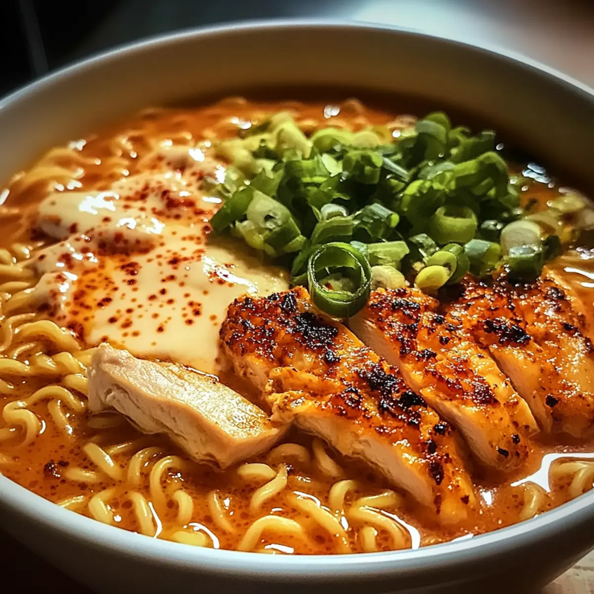 Feuriges Hühnchen Ramen mit cremiger Knoblauchsoße