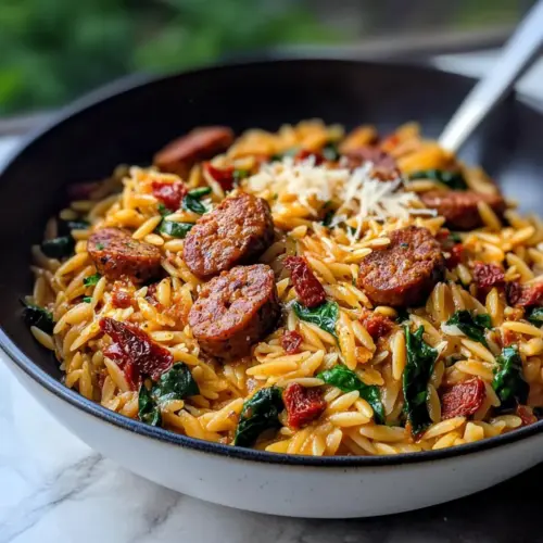 Ein Topf Cajun-Wurst und Orzo