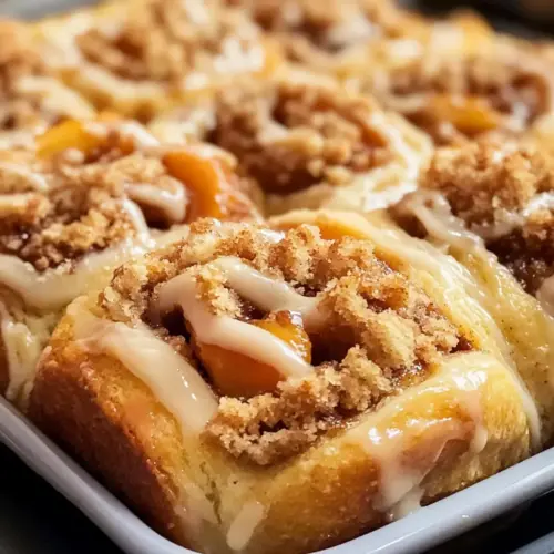 Pfirsich-Cobbler-Zimtschnecken mit Streuseltopping