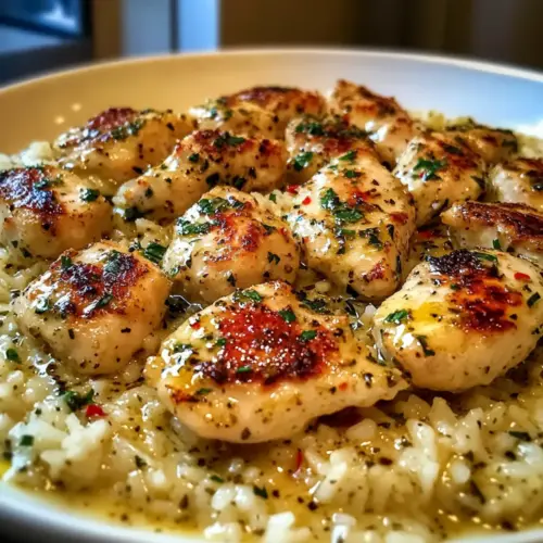 Hähnchen Scampi mit cremigem Knoblauch Parmesan Reis