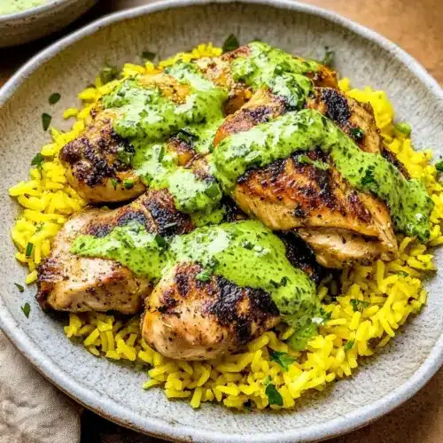 Peruanisches Hähnchen und gelber Reis mit cremiger grüner Sauce